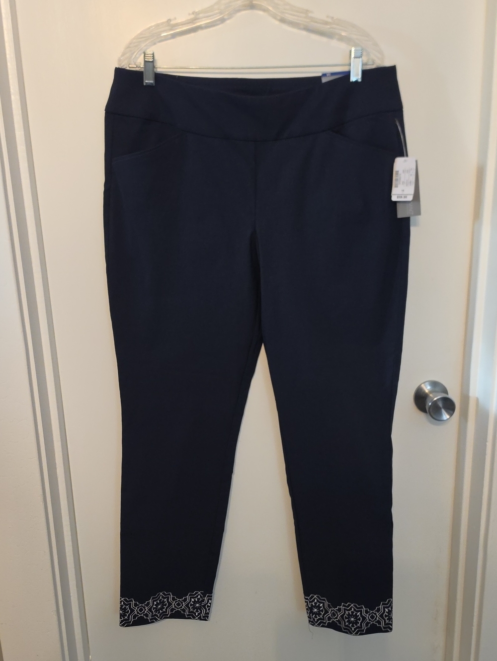 Christopher & Banks Navy Cropped Embroidered-Hem Ankle Pants